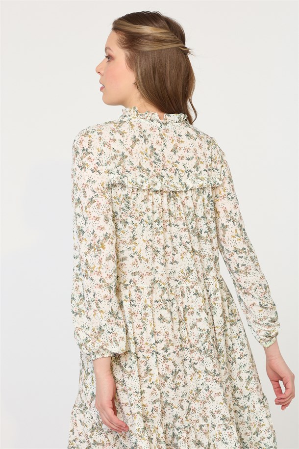 Çiçek Desenli Gömlek Elbise - MINT