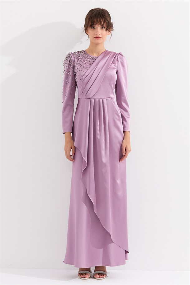 Taş Detaylı Uzun Kol Saten Abiye Elbise - LILA